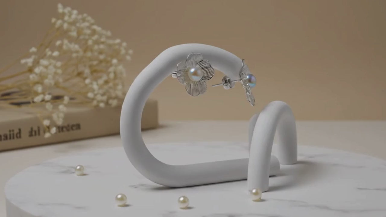 Metal Floral Pearl Stud Earrings Silver