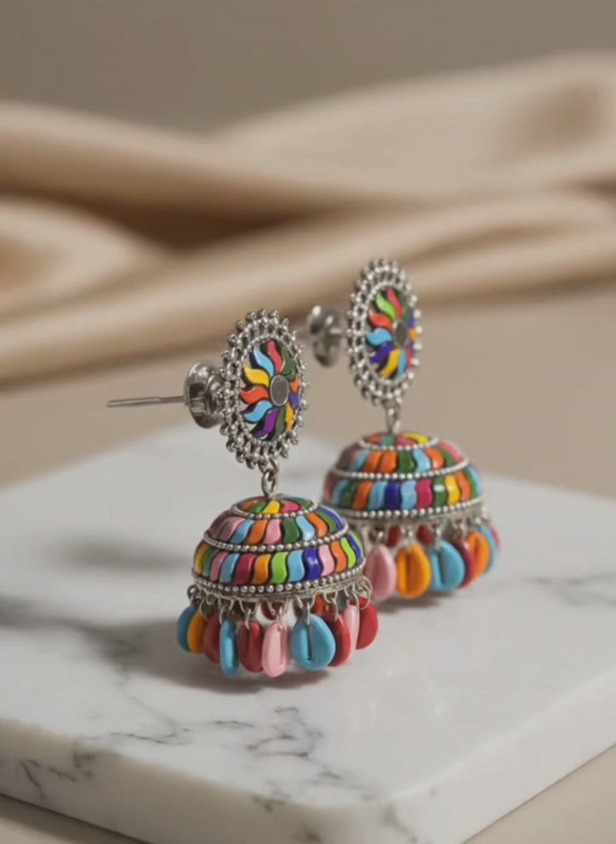 Oxidised Multicolour Shell Jhumki Earrings
