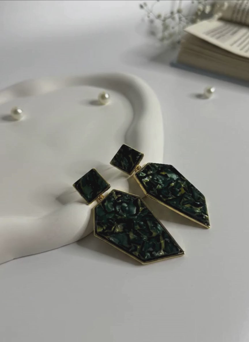 Marbled Edge Statement Earrings Dark Green