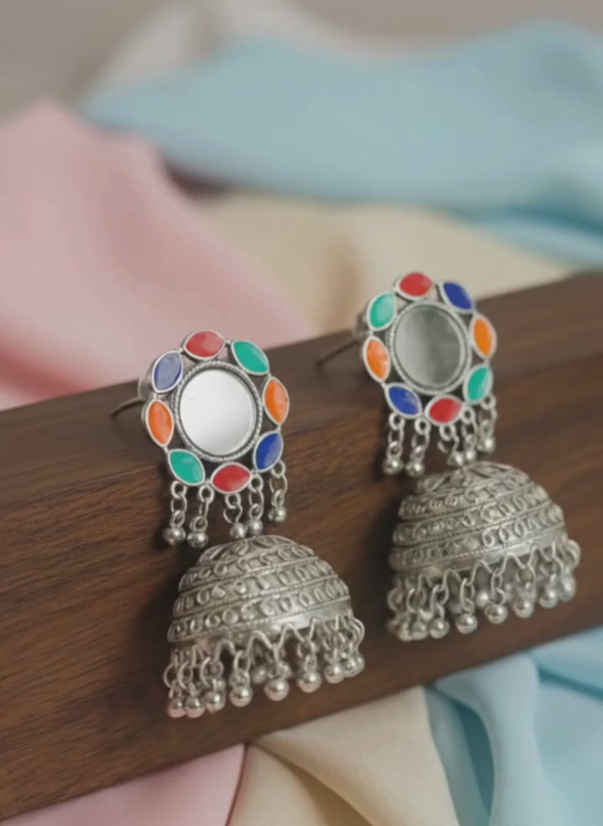 Oxidised Multicolour Mirror Work Jhumki Earrings