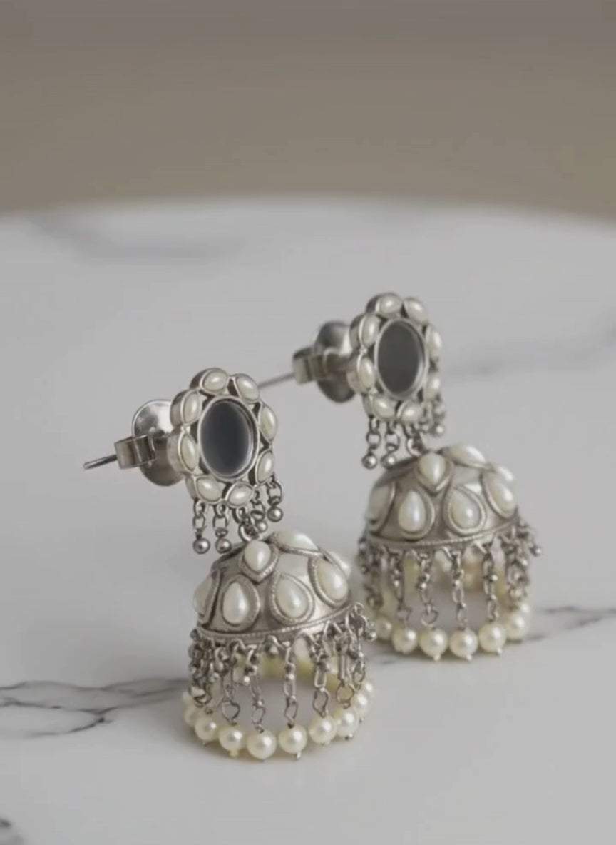 Oxidised Mirror Pearl Jhumki Earrings