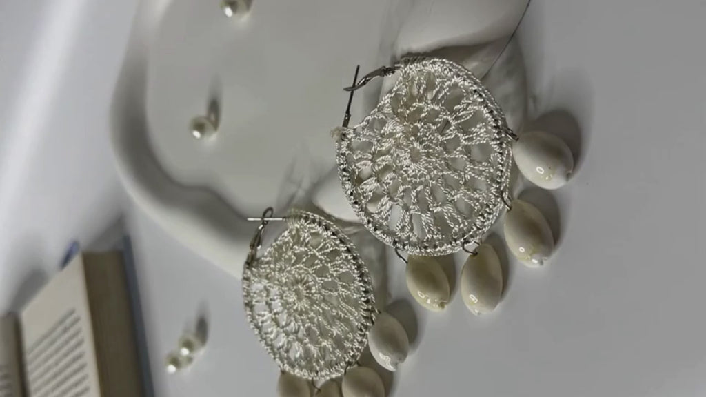 Handmade Lace Disc Shell Drop Earrings White