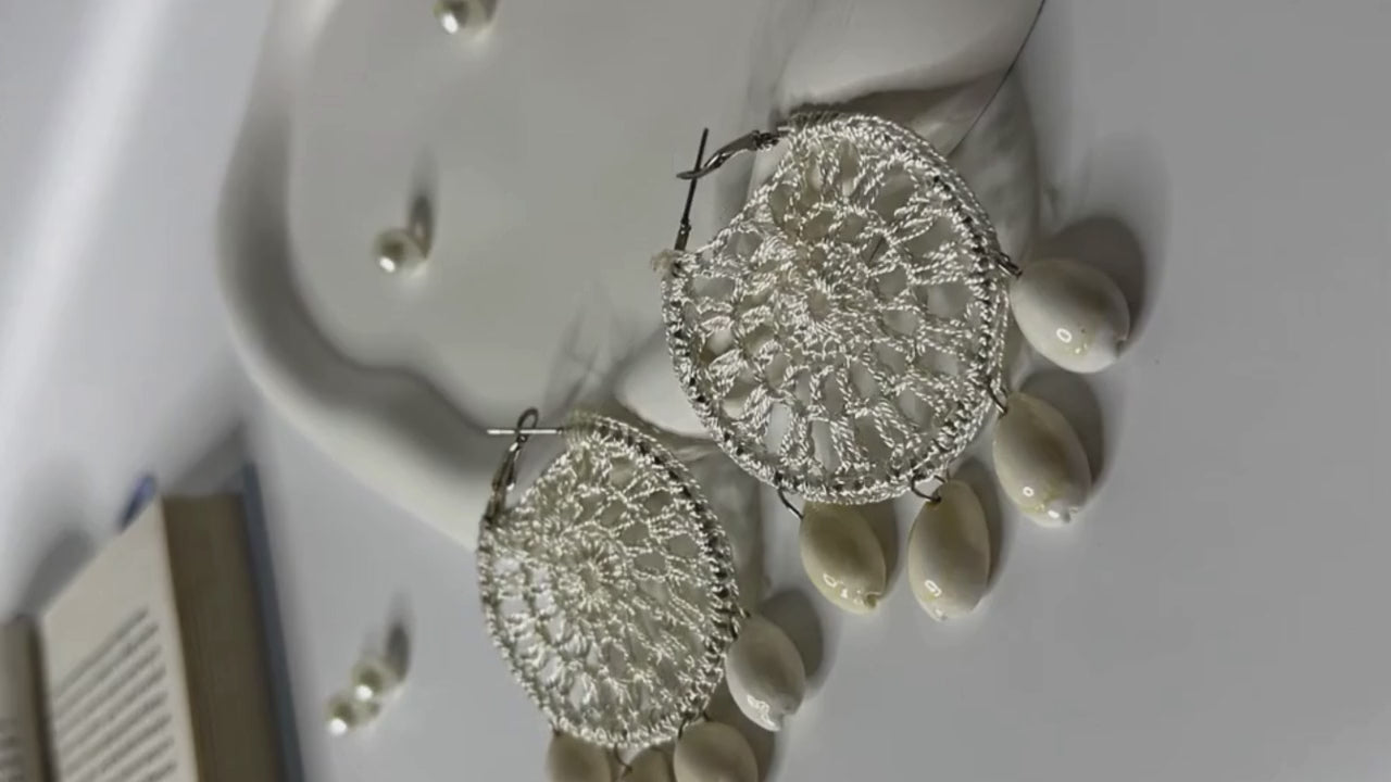 Handmade Lace Disc Shell Drop Earrings White